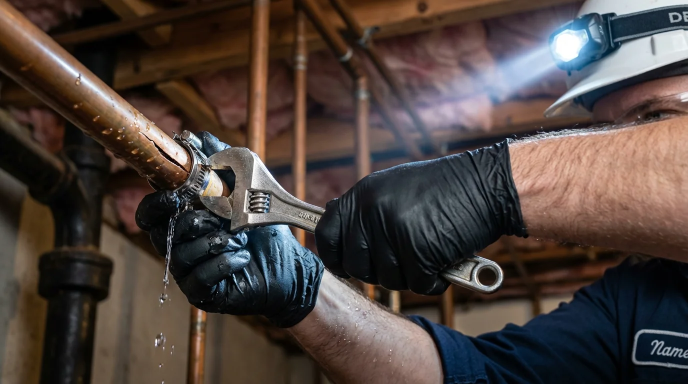 Emergency pipe clamp repair being performed by a Johns Plumbing LLC plumber in Stevensville