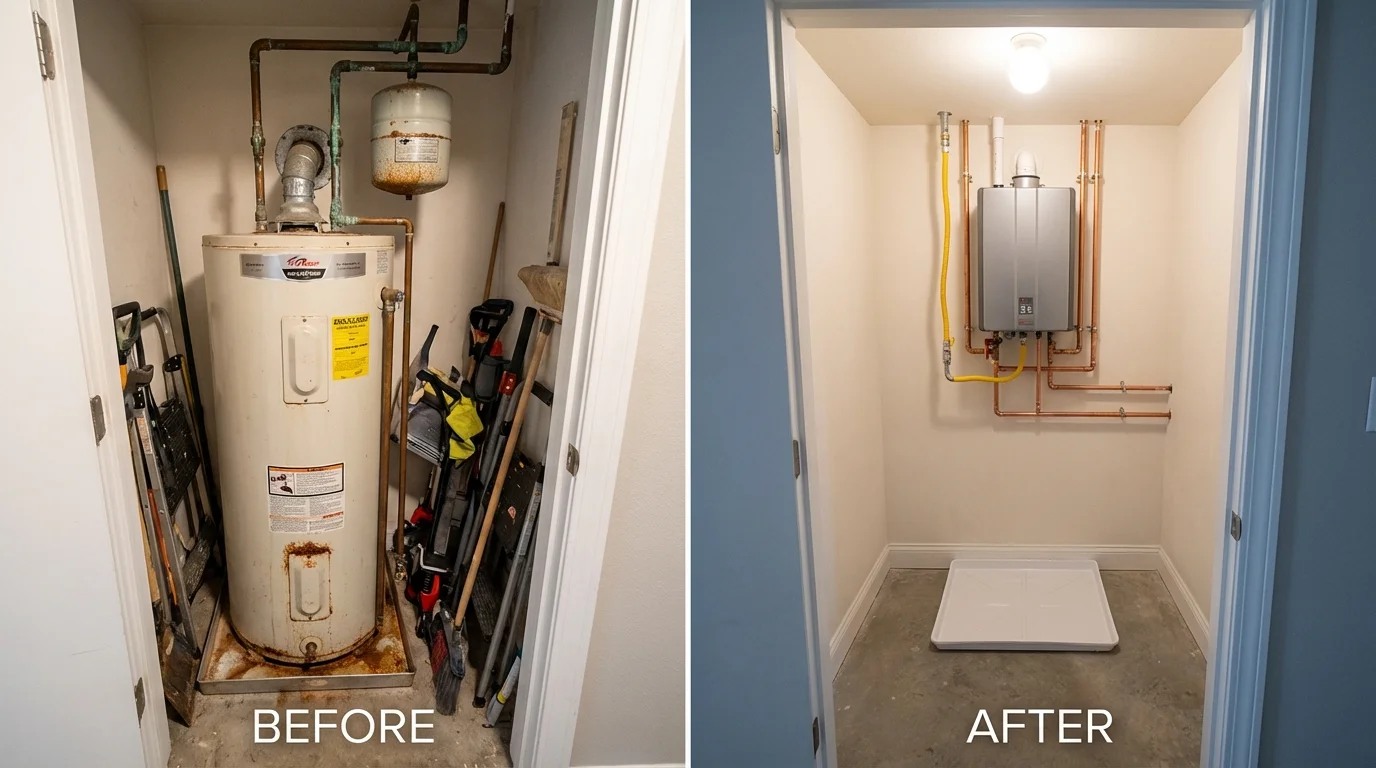 Tank water heater versus wall-mounted tankless unit comparison for Stevensville, MD homeowners